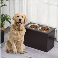 PawHut Futternapf Erhöhter Hundenapf mit Staumraum Wassernapf 2 x 2000ml Hundenäpfe, Edelstahl, Espresso 60 x 30 x 41 cm