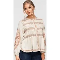 OMBRE Hemdbluse Damen Bluse mit Stickerei im Boho-Stil Beige M (kein Set, 1-tlg) Gehäkelte Details, Smock-Details