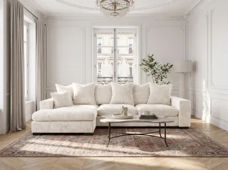 Ecksofa mit Schlaffunktion BENICIO Sofa in Stoff Flow Ecru Ottomane Links