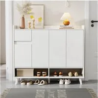 Flieks Schuhschrank mit 1 Schubladen und 4 Türen Weiß/Natur (B120/T35/H99 cm, 1-St., mit verstellbaren Einlegeböden) Schuhkommode Mehrzweckschrank Sideboard, Massivholzbeine
