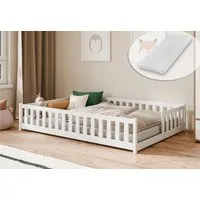 Kids Collective Kinderbett Bodenbett mit Rausfallschutz & Lattenrost Montessori Betten Kinder (Verfügbare Größen: 80 x 160, 80 x 180, 90 x 190, 90 x 200, 120 x 200, 140 x 200 cm), Jugendbett Einzelbett Kiefer mit Matratze Weiß 140x200 cm