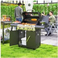 Outsunny Gasgrill inkl 5 Brenner, Seitenkocher, Rolle, BBQ Gartengrill, 12 KW Grillwagen, mit Thermometer, Seitenablagen, für Balkon, Grill 135 x 54 x 110 cm
