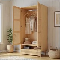 MODFU Kleiderschrank mit Stange, 2-türiger Schrank mit Flip-Top Deckel, Rattannetz Design (für Schlafzimmer und Wohnzimmer, Spanplatte + PE-Rattan)