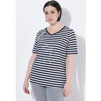 Ulla Popken T-Shirt Shirt Ringel Metallic-Motiv V-Ausschnitt Halbarm