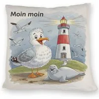 speecheese Dekokissen Fröhliche Möwe und Leuchtturm Kissen - MOIN MOIN
