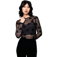 Hell Bunny Mesh-Top Florence Langarm Mesh Netz Spitze Samt Rosen Rose Oberteil