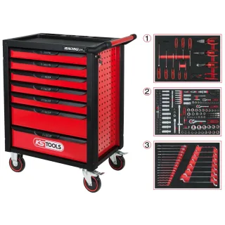 KS Tools RACINGline SCHWARZ-ROT Werkstattwagen mit 7 Schubladen und 215 Premium-Werkzeugen - 826.7215