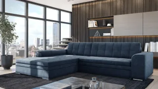 Ecksofa Schlafsofa Sofa LUSAKA in Stoff Fresh Dunkelblau Ottomane Links