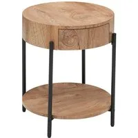 GarveeMore Beistelltisch Runder mit Schublade und Ablagen,Nachttisch aus Holz, Beistelltisch mit Natürliche Holzmaserung und Metallbeine,50x50x54.5cm