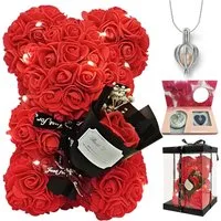 Kunstblumenstrauß Romantischer Rosen-Teddybär Geschenkset mit LED-Licht und einer Halskette aus echten Süßwasserperlen, Valentinstagsgeschenk für Ihre Freundin, Ehefrau, Mutter und andere Frauen, Vivitar, Rosenbär mit Perlen-Überraschungsbox (Blindbo