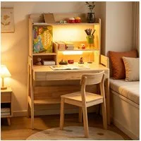 MODFU Schreibtisch Kindertisch höhenverstellbar mit LED-Lichtleiste (mit USB-Anschluss, Schublade & Stauraum), Kinderschreibtisch Computertisch