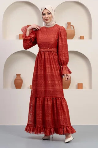 Perlen Detailed Spitzen Abendkleid Ziegelrot