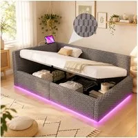 Flieks Daybett, Hydraulisches Polsterbett 90x200cm mit LED-Beleuchtung und Aufladen