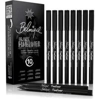 Belmique Fineliner Set Schwarz – 10-teilig mit 2 Brushpens, wasserfest & lichtbeständig, 10er-Set inkl. 2 Brushpens, Blackliner 0,05–0,8 mm in Schwarz