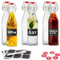 Praknu Trinkflasche 6er Set Glasflaschen 500ml Bügelverschluss Eckig - Bügelflaschen, Bügelverschluss Eckig - 6 Etiketten mit Stift und 6 Extra Dichtungen