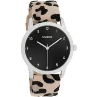OOZOO Quarzuhr Damenuhr C11542, 38 mm – Armbanduhr mit schwarzem Zifferblatt, & taupefarbenem Lederband im Leo-Design