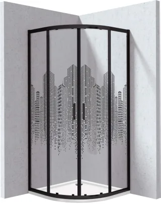 Neuesbad Set: Duschkabine NB1DEKYPND99P1 Schwarz City Dekor + Duschwanne NB1DEKTJ093B1 90x90 cm NB1DEKYPPND99P1