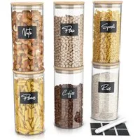 Arendo Aufbewahrungsbecher Glasbehälter-Set 6x 1,5L Borosilikat, Bambusdeckel, Aufkleber & Marker, Borosilikatglas, Bambus, Silikon, (Vorratsbehälter-Set, 6-tlg., 6er Set), Hitzebeständig, luftdicht, mikrowellengeeignet und spülmaschinenfest