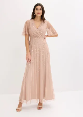 bonprix Abendkleid aus zartem Tüll mit Paillettenstickerei, beige, Gr.40, Maxikleid aus zartem Tüll mit Paillettenstickerei