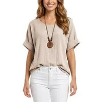 dy_mode Kurzarmbluse Damen Kurzarm Bluse Leichte Sommer Tunika Baumwollbluse Oberteil in Unifarbe, mit passende Kette
