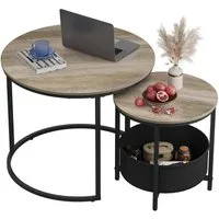 WLIVE Couchtisch Couchtisch 2er‑Satztisch rund mit Stauraum, (Beistelltisch mit Stoffkorb & Metallgestell, Holzoptik, 2er Set), 2 in 1 Verschachtelung