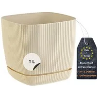 Engelland Blumentopf Pflanztopf mit Drainagesystem & Untersetzer (12 x 12 cm, 1 Liter, 1 St., robuster PP-Kunststoff), eckig, Rillenoptik, UV-resistent, direkte Bepflanzung