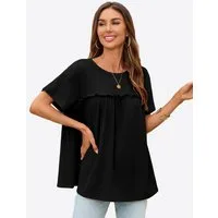 Imily Bela T-Shirt Damen mit Rüschen Rundhals Lässig Oberteil Alltag Freizeit (Packung, 1-tlg., 1per-Pack) mit Rundhalsausschnitt in Unifarbe
