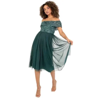 Maya Deluxe - Midikleid für Damen, Schulterfrei, kurzärmlig (Smaragd)