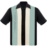 Steady Clothing Kurzarmhemd The Finley Black Mint Cream Vintage Bowling Shirt Retro