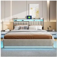 Furnishings Home Polsterbett Doppelbett Gepolstertes Stauraumbett mit LED-Beleuchtung, (Hydraulisch hebbarer Stauraum) Beige Samt 1 USB-Anschluss