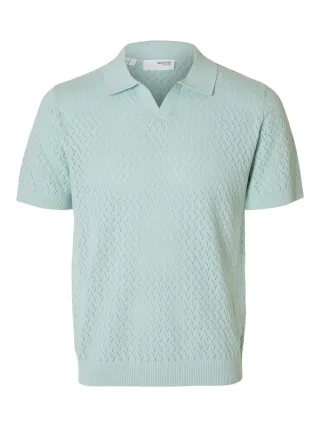 SELECTED MEN - SLHLINO SS KNIT CROCHET OPEN POLO winter sky - Gr. - XL
