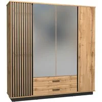 Deine Möbel 24 Kleiderschrank LAMI 18 mit Lamellen, Spiegel & 2 Schubladen (ideal für Schlafzimmer, Flur, Garderobe & Jugendzimmer, 1-St., Größe: 205 x 197 x 52 cm breit) Drehtürenschrank in Wotan Eiche/Schwarz Matt