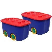 ONDIS24 Aufbewahrungsbox Spielzeugaufbewahrungsbox Spielzeugkiste Kinder (2er Set), 46 liter, Spielzeugbox Funny mit großen Rädern und aufliegendem Deckel