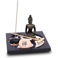 Flanacom Buddhafigur Zen Garten Buddha Figur - Räucherstäbchenhalter (Set, Buddha Statue, 3 Räucherstäbchen, Sand, Harke, Glückssteine), Naturholz Esotherik Set