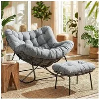 TLGREEN Schaukelstuhl Eiförmiger Rattanschaukelstuhl mit Fußhocker-Set, (Schaukelsessel Oversized, wetterfeste, mit dickem Abnehmbar Polster), Belastung von 150kg, Loungesessel für Garten Balkon Wohnzimmer