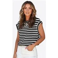 Imily Bela T-Shirt Damen Gestreiftes mit Kurzarm Rundhalsausschnitt Regular Fit Casual (Packung, 1-tlg., 1per-Pack) Cropped Cap Sleeve