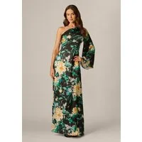 Adrianna Papell Abendkleid One Shoulder Printed Satin Gown Glänzendes, bodenlanges Blumenkleid aus Satin