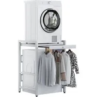 Rutaqian Waschmaschinenunterschrank Regal über Waschmaschine,105×73×63cm, Metall Weiß (Waschmaschinenregal, 1-St., Doppelschicht Waschmaschinenständer) Höhenverstellbar Wäschetrocknerständer mit Schiebehänger–200kg