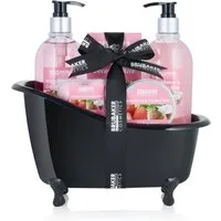 BRUBAKER Hautreinigungs-Set Bade- und Dusch Set mit Erdbeere & Kokos Duft, Badeset Wellness, 9-tlg., Beauty Set Geschenkset mit Deko Badewanne Schwarz, Pflegeset