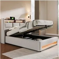 Flieks Polsterbett, Baumwolle-Leinen Bezug Stauraumbett mit USB-Anschluss und LED 90x200cm