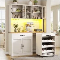 Flieks Küchenbuffet mit Rollwagen, LED-Beleuchtung und Arbeitsplatte in Holzoptik (1-St., B140/T38/H180 cm) Hochschrank Küchenschrank mit Glastüren, Schubladen und Weinregal