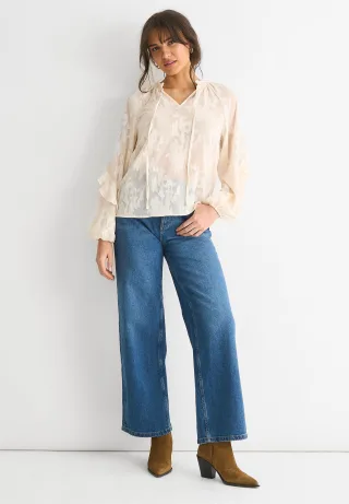 Langärmelige Bluse aus cremefarbenem Jacquard mit Blumenmuster