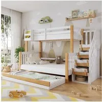 Flieks Etagenbett, Kinderbett 90x200cm+120x200cm mit Ausziehbett 90x190cm Stauraumtreppe