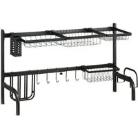 HOMCOM Geschirrständer Abtropfgestell Geschirr, 2-stufiges Abtropfgitter Gestell, Zubehör für Messer, Papierhandtücher, Essstäbchen, 51-93 cm Abtropfschale für Küchen Spüle, Stahl, Schwarz