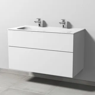 Sanipa 3way Keramik-Set Finion Keramik-Doppelwaschtisch und Unterbau mit 2 Auszügen, Weiß-Soft SM40343