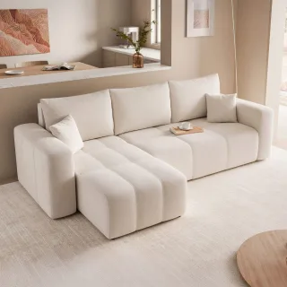 Ecksofa Schlafsofa Sofa LEROS in Stoff Manila Creme Ottomane Links