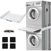XERSEK Zwischenbaurahmen Metall Verbindungsrahmen mit Ausziehplatte Verdickte Zwischenbaurahmen (Universal Zubehör für Waschmaschine Trockner, Wäschekorb, Ausziehbarer Ablage Max.150kg), inkl. Zurrgurt, Weiß