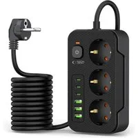 TECH PROTECT PC3X6 Steckdosenleiste (3 Steckdosen, 3x USB-A, 3x USB-C, 200 cm Kabel, Schalter mit LED-Anzeige), 9-in-1 Steckdosenleiste mit USB-A und USB-C Ladeanschlüssen