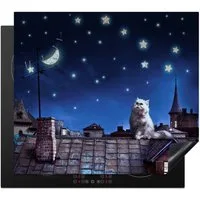 MuchoWow Herd-Abdeckplatte Blau - Katze - Nacht - Haus, Vinyl, (1 tlg), Küche Herdabdeckplatte Ceranfeld Vinyl Einteilig, 59x52 cm