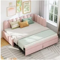 OKWISH Schlafsofa Multifunktionales L-förmiges Polsterbett Kinderbett, 90/180 x 200 cm Samt, Mit Ausziehfunktion für zusätzliches Bett, ohne Matratze